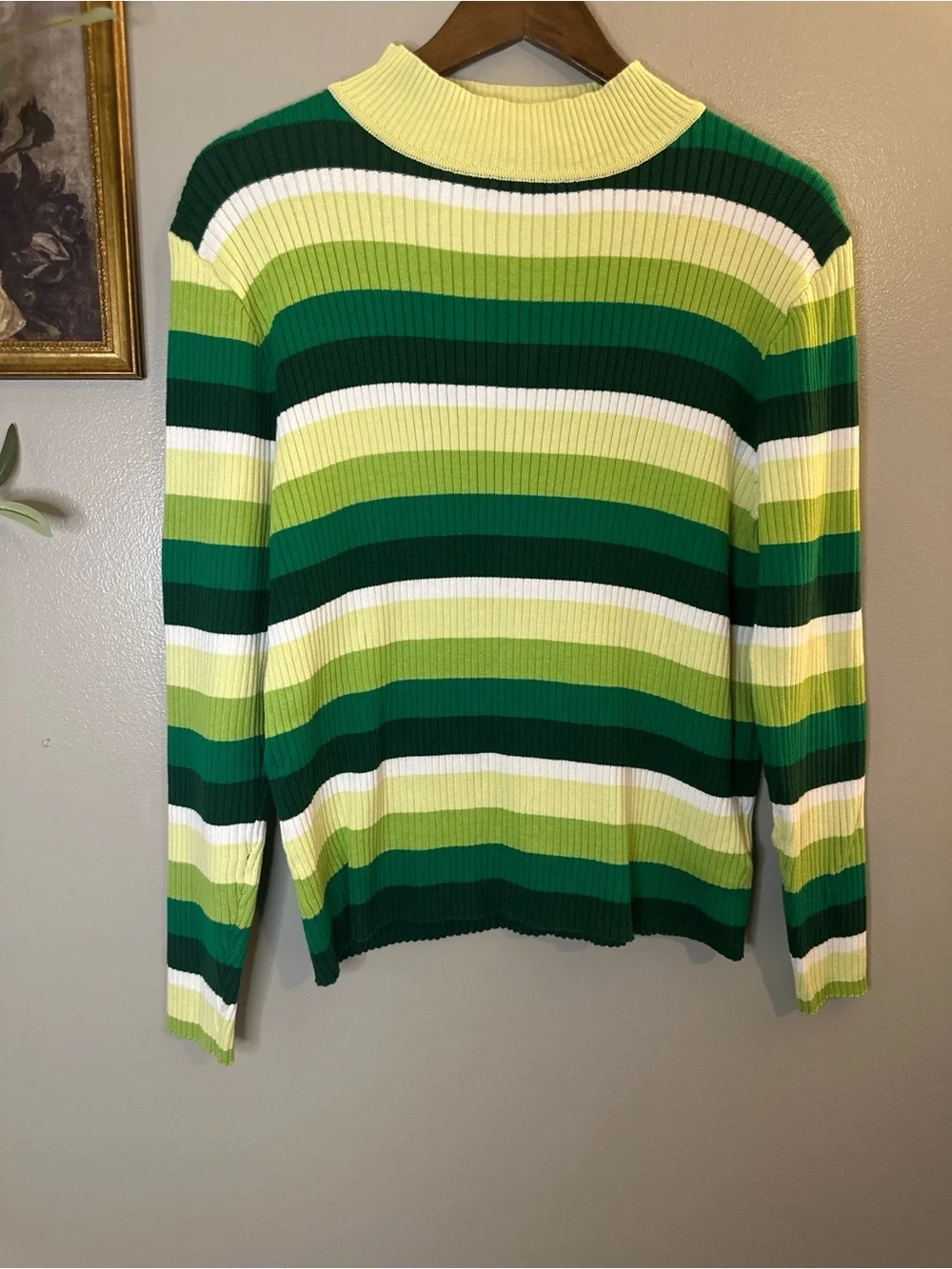 Shiny by Nature XL Green Striped Ribbed Mock Neck 100% Cotton Retro Sweater